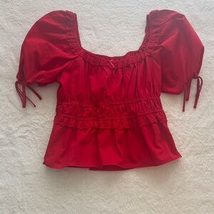 Smocked Square Neck Puff Sleeve Blouse - Red